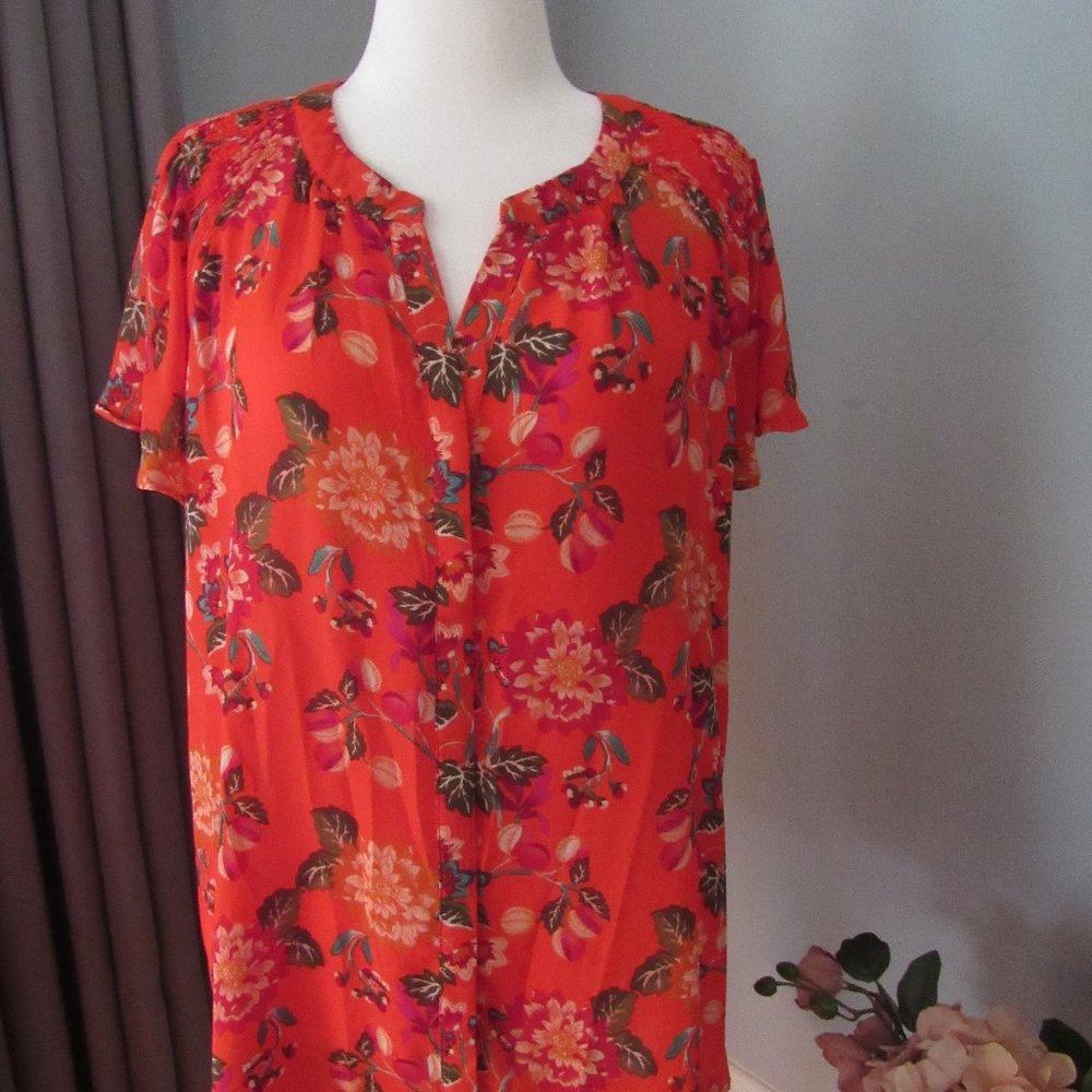 ROSE & OLIVE SILKY HAWAIIAN PRINT BLOUSE; SHORT-SLEEVE; SIZE X